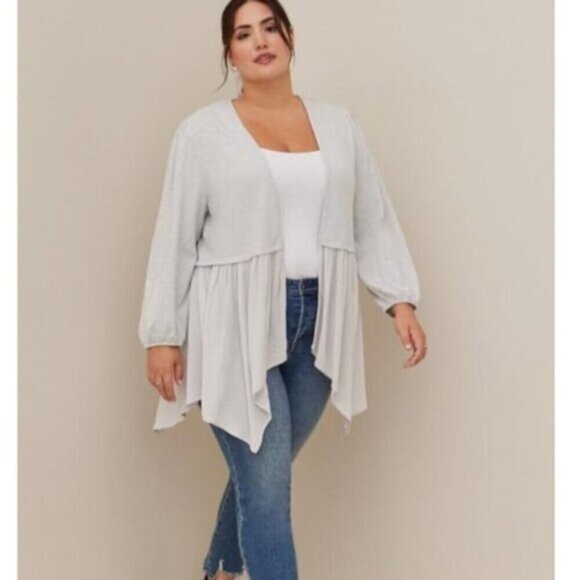 Torrid 2022 Fabric Mixed Hanky Hem Kimono Size 3X In Stone Open Long Line Rayon - Picture 1 of 16
